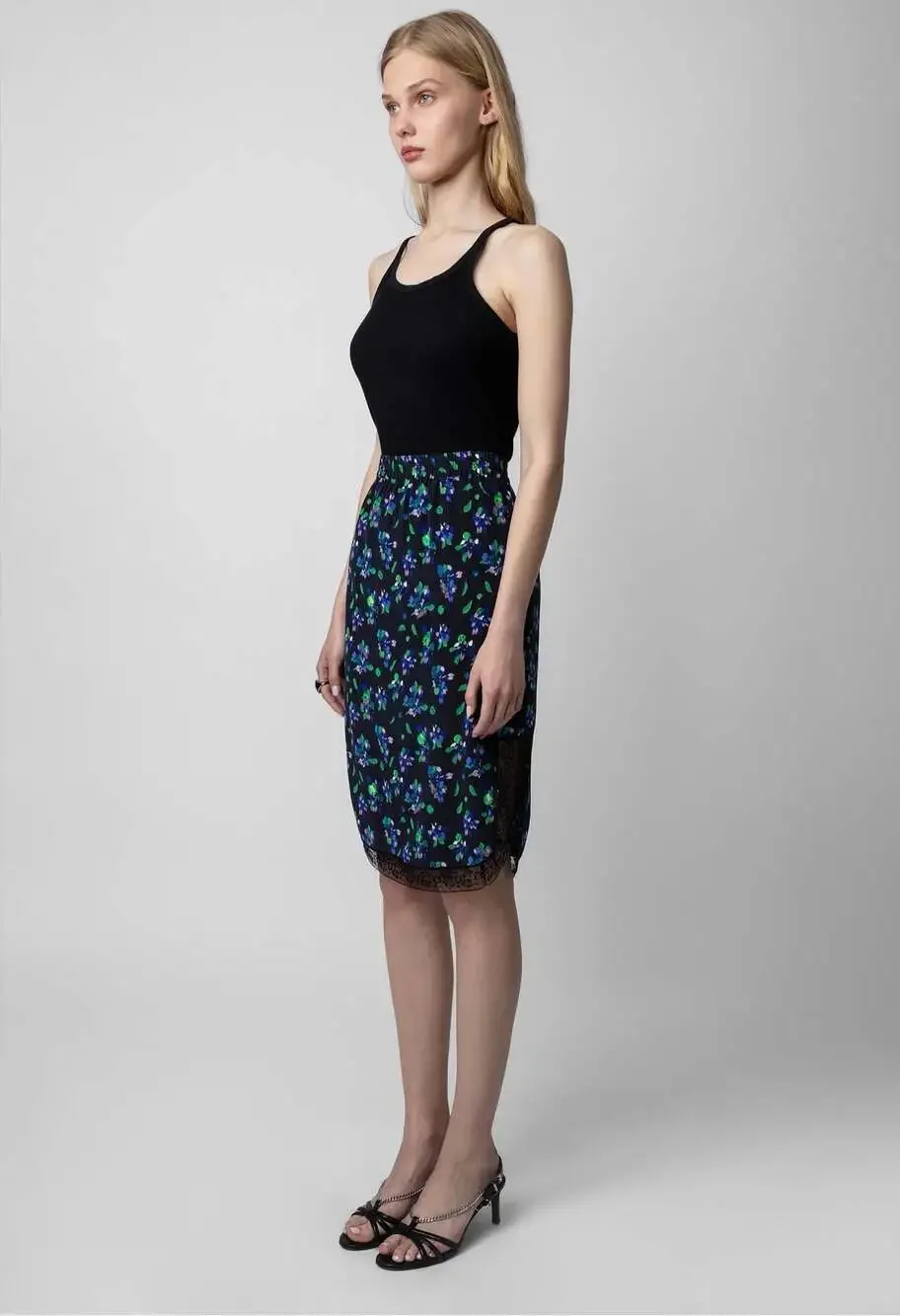 Zadig & Voltaire Jozy Floral Print Silk Skirt with Lace Trim size 42  L /XL new!